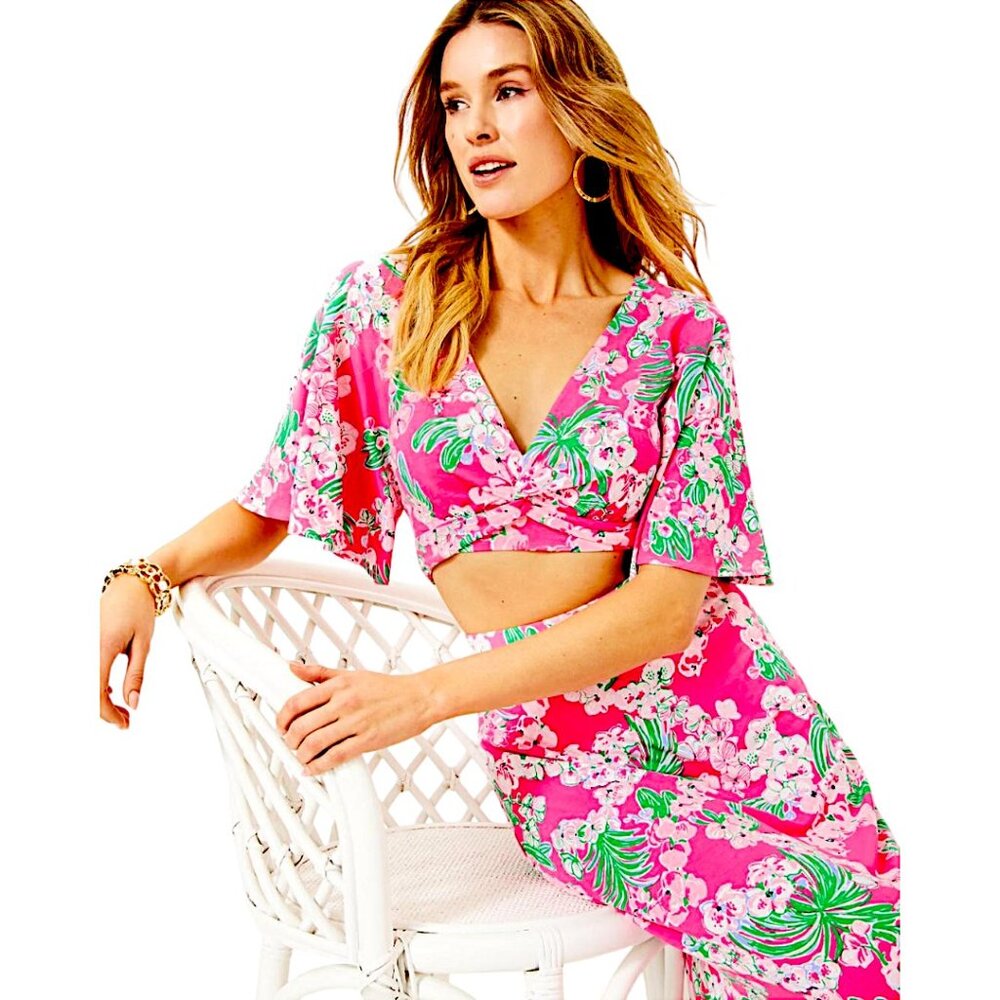 Lilly Pulitzer Hot Pink Floral Wrap Crop Top & Matching Skirt Set